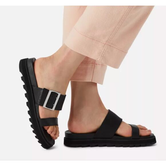 NWOB Sorel Roaming Leather Platform Sandals Oversized Buckle in Black Women's 9 - Picture 1 of 7